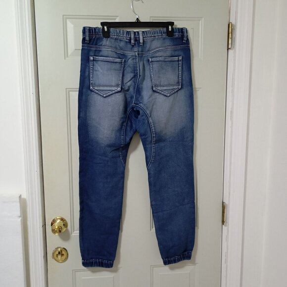 Track Denim Jogger Pants Size 30 Blue Elastic Cuffs Cotton Mens Casual Wear - Picture 6 of 9